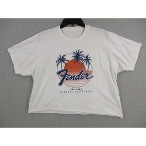 Fender Womens Cropped Graphic T-Shirt Est. 1946 Logo Palm Trees White Size L